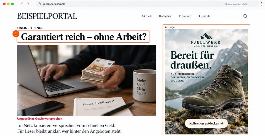 Beispiel für ein unseriöses Werbeumfeld mit Brand-Safety-Hinweis